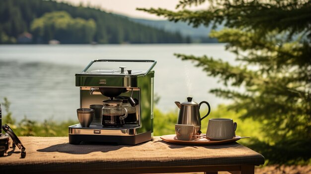 Koffiemaker met bekers en theepot op een houten tafel bij een meer omringd door bomen
