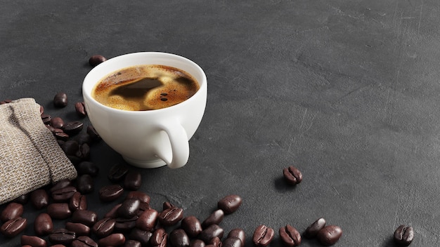 Koffiemok en bonen achtergrond 3D-rendering