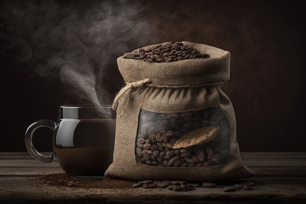 Koffiemok met rook en een jute zak koffiebonen