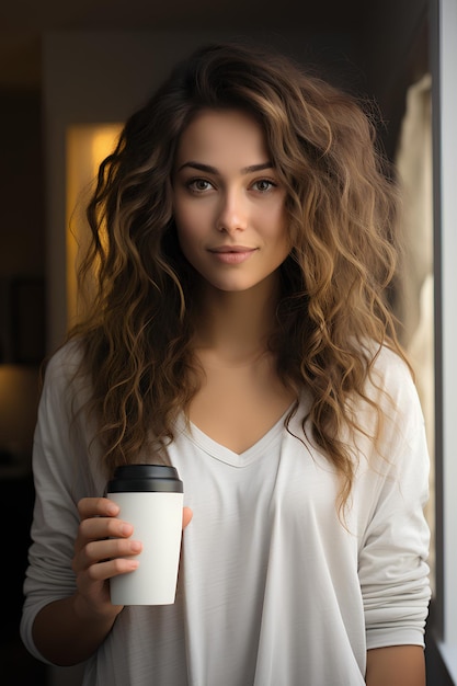 Koffiepauze glimlachende vrouw met een kopje in zacht licht
