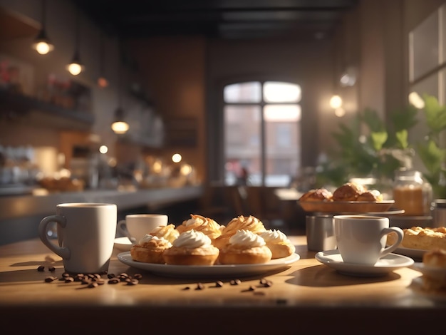 koffieshopscène met dampende mokken koffie en vers gebakken gebak