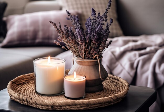 Foto koffietafel close-up met lavendel en kaarsen met bank met grijze deken achtergrond