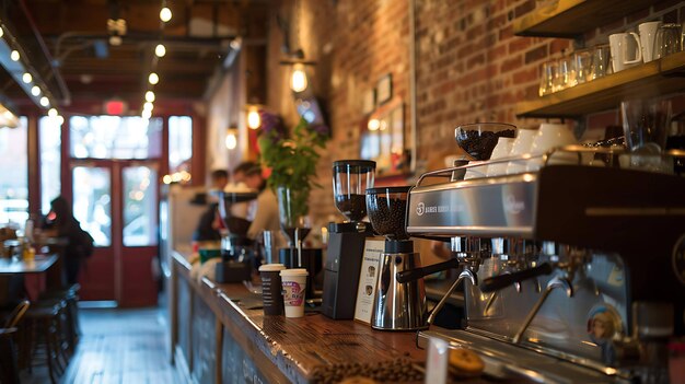 Koffiewinkel interieur met een bakstenen muur houten toonbank en espresso machine