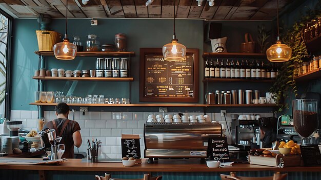 Koffiewinkel interieur met een barista die achter de toonbank werkt