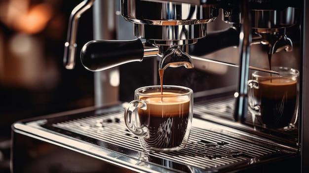 Koffiezetapparaat espresso maken in café close-up Professioneel koffiebrouwproces