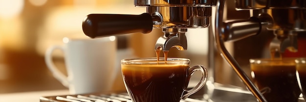 Koffiezetapparaat machine close-up hete espresso gieten in een kopje van een professionele portafilter in een café-winkel Generatieve AI