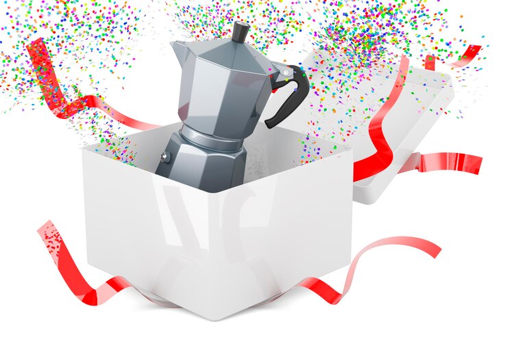Foto koffiezetapparaat moka pot in geschenkdoos 3d-rendering
