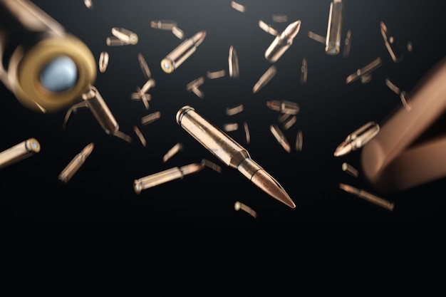 Kogel geïsoleerd op donkere achtergrond Het concept van oorlog combat clash Cartridges voor een geweer 3D illustratie 3D render