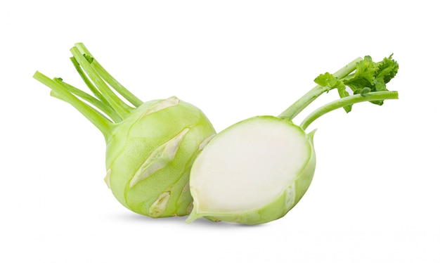 Kohlrabi with green leaves on isolated white