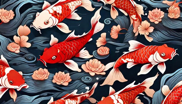 Photo koi carp fish vector japanese traditional illustration of red fish in a pond or sea with flowers an