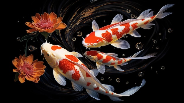 Koi carp Group of Chinese bright fish in the water Splashes and drops of water closeup AI generative