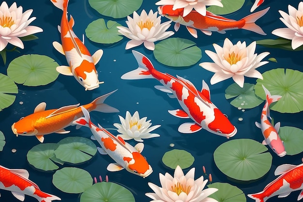 Photo koi carp and lilies in pond created using generative ai technology