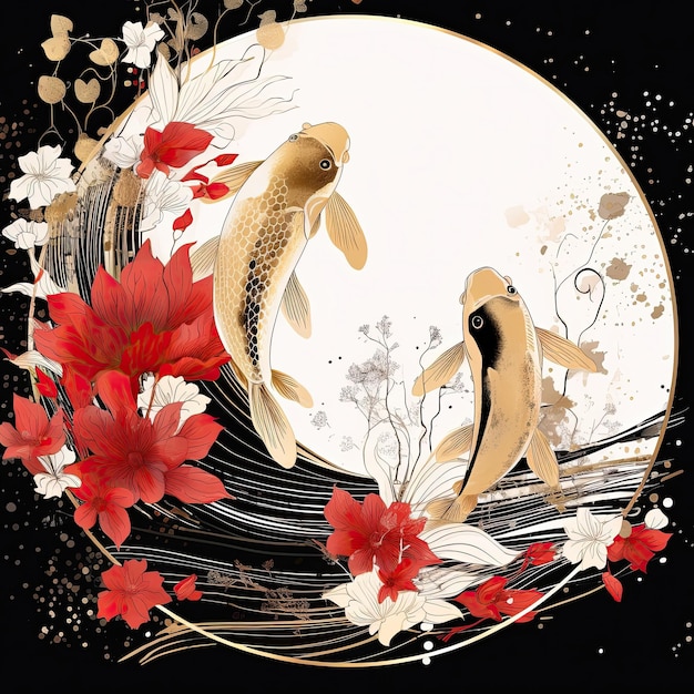 Koi fish and flower blossom background Japanese style Generative ai