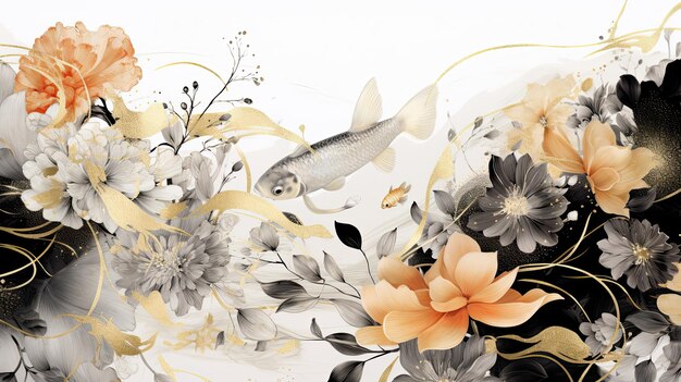 Koi fish and flower blossom background Japanese style Generative ai