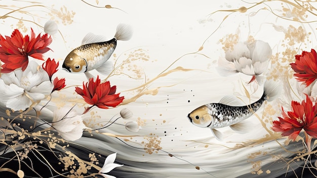 Koi fish and flowers in watercolor style Digital painting style Generative ai