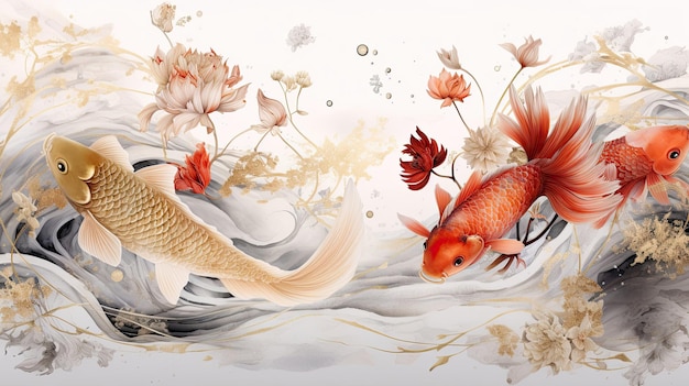 Koi fish and flowers in watercolor style digital painting style generative ai