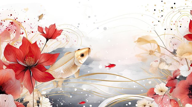 Koi fish and flowers in watercolor style Digital painting style Generative ai