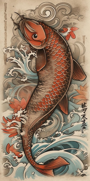 A koi fish is in the water.