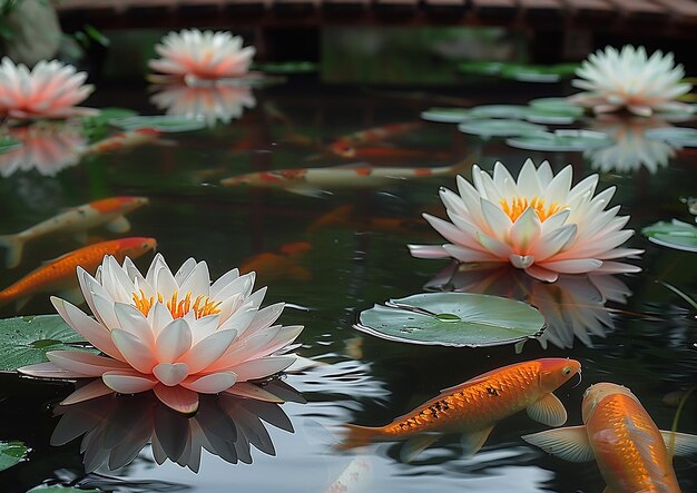 Photo a koi fish and koi fish are swimming in a pond