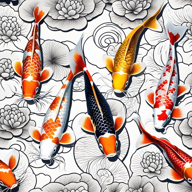 Photo koi fish and lotus flowers seamless pattern generative ai