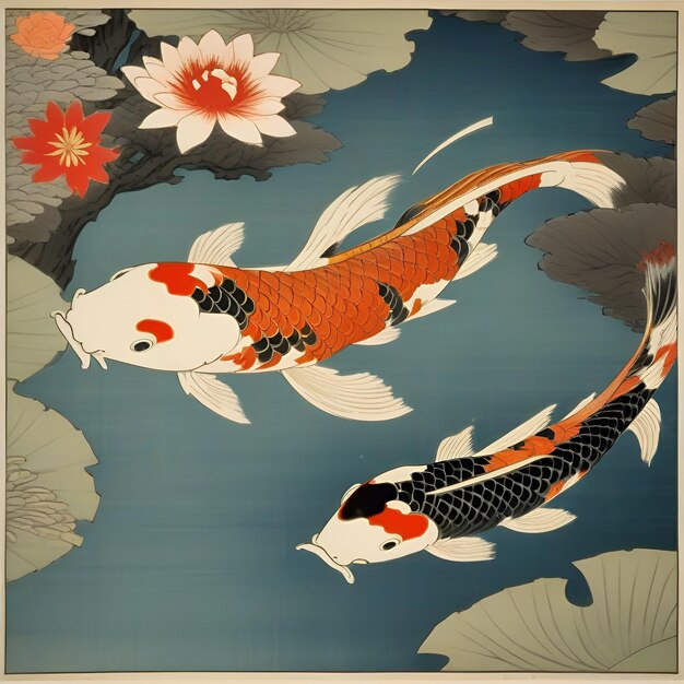 Koi fish in a pond Japanese style illustration