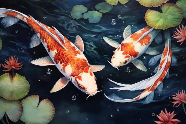 Photo koi fish in the pond with beautiful flowers digital painting
