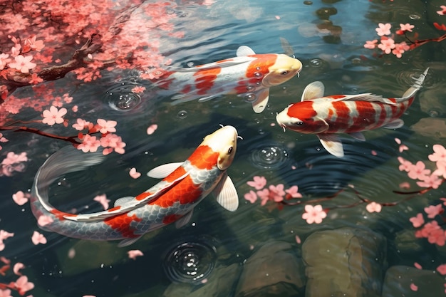 Koi fish in a pond with pink flowers