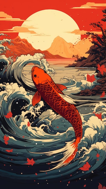 Photo koi fish under the sun wall painting