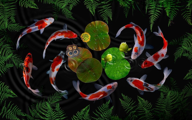 Photo koi fish swim artificial ponds with a beautiful background of green plants