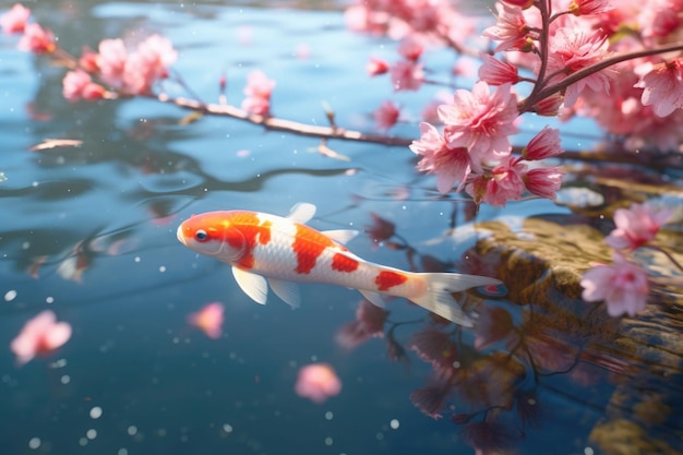 벚나무 아래 연못에서 헤엄치는 잉어 물고기 호수에 떨어진 벚꽃 Generative AI
