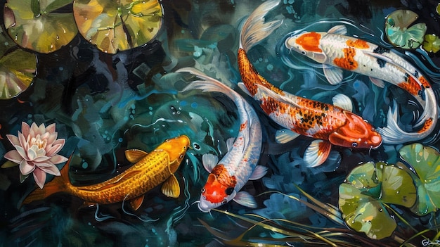 コイ 魚 が リリー パッド を 持っ て 池 で 泳ぐ