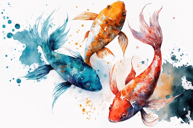 Koi fish in watercolor on a white backdrop