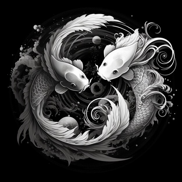 Koi fish yin yang symbol black and whit