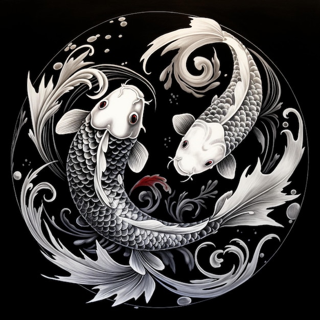 Koi fish yin yang symbol black and whit