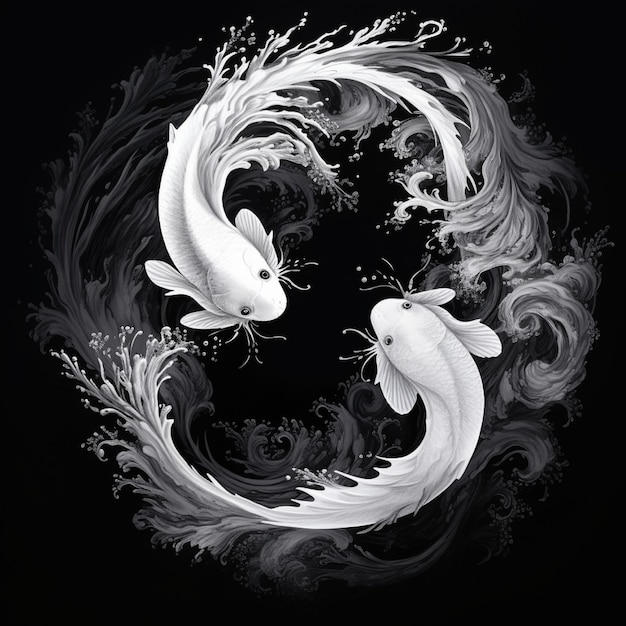 Символ рыбы koi yin yang черно-белый