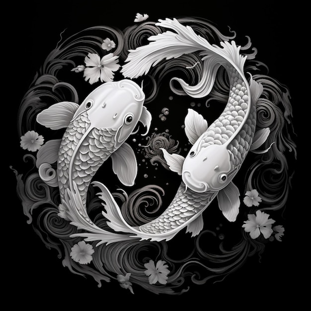 Koi fish yin yang symbol black and whit