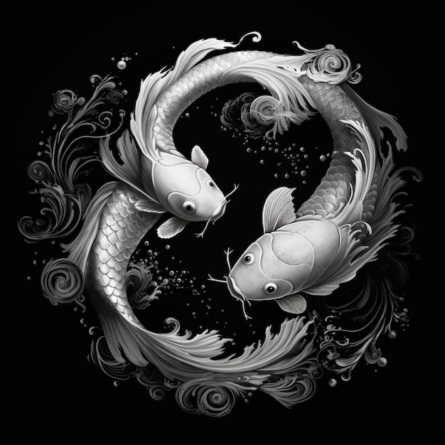 Koi fish yin yang symbol black and whit