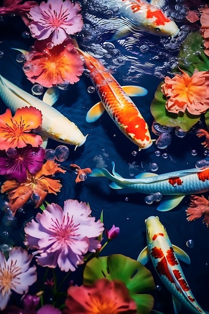 Foto koi pond indoor con pesci koi e ninfee serene blue a beauty frame photo scene social post