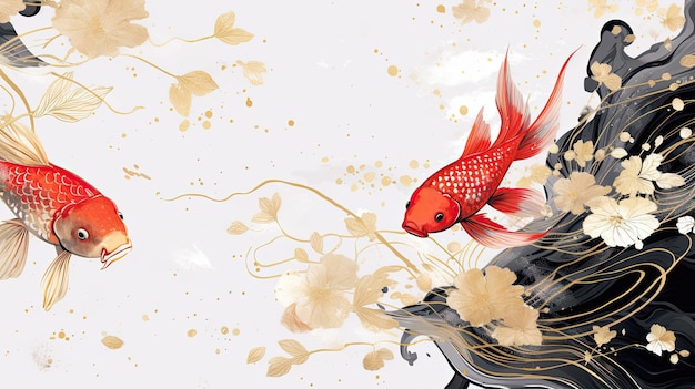 Koi vis en bloeiende bloemen achtergrond Japanse stijl Generatieve ai