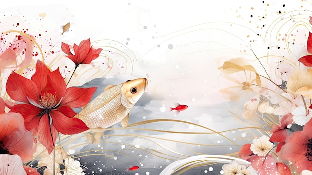 Koi-vissen en bloemen in waterverfstijl Digitale schilderstijl Generatieve ai
