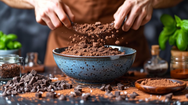 Kok bereidt een gourmet dessert met vers cacaopoeder in de keuken