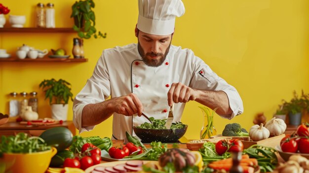 Kok bereidt salade voor in de keuken