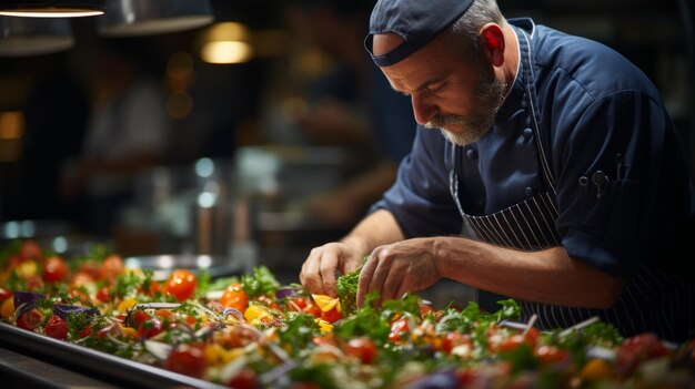 Kok bereidt zorgvuldig een heerlijke salade met verse ingrediënten voor