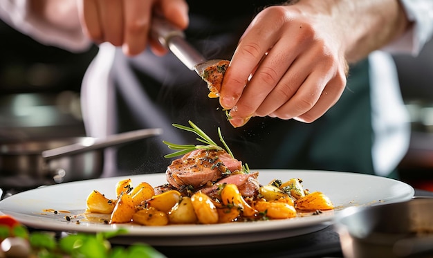 Foto kok in de keuken van een hotel of restaurant die alleen met de handen kookt