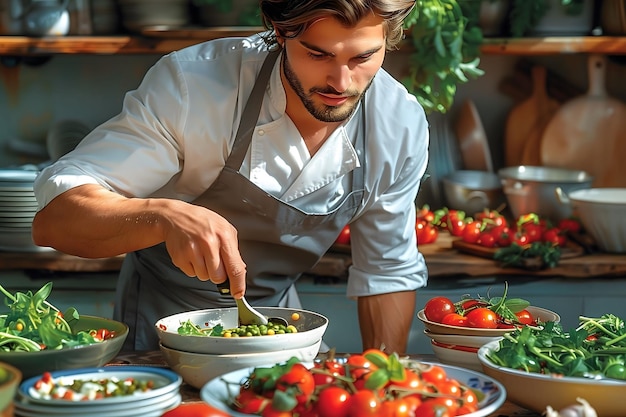 Kok in uniform die eten bereidt in de keuken.