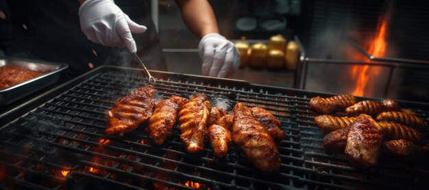 Foto kok in zijn keuken rook grills barbecue kip aanbiedingen op de grill