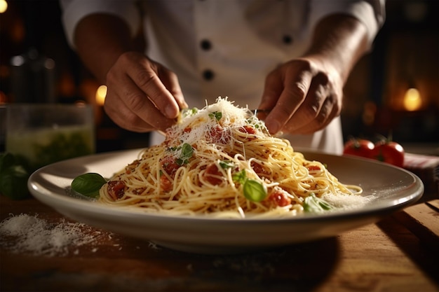 Kok koken pasta met veel parmesan lekker Italiaanse diner gegenereerd door AI