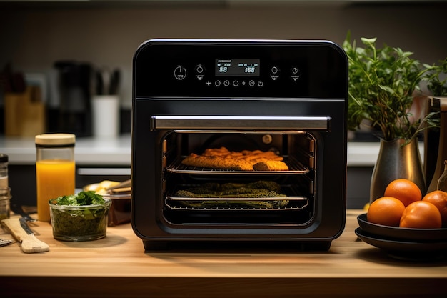 Koken in een magnetron op een houten tafel in de keuken Close-up plat lag beeld van een airfryer oven op aanrecht in de keuken AI Gegenereerd