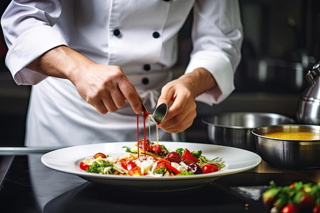 Foto koken in schort wat saus aan gerecht toevoegen