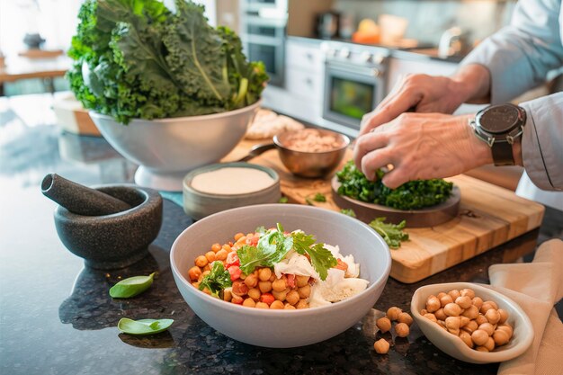 Koken met boerenkool en kikkererwten ingrediënten op de tafel